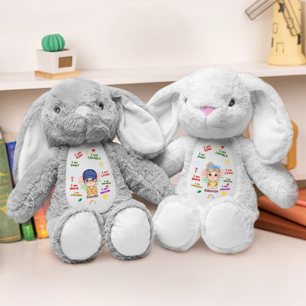 Personalizado I Am Kind Smart Brave Loved Cartoon Kid Character Cute Plush Bunny Toy with Name Easter Children's Day Back to School Gift for Boys Girls