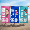 Toalla de playa de secado rápido con nombre, personalizada, de dibujos animados, con mancuernas, para fiestas de playa, de verano, para mujeres y niñas.