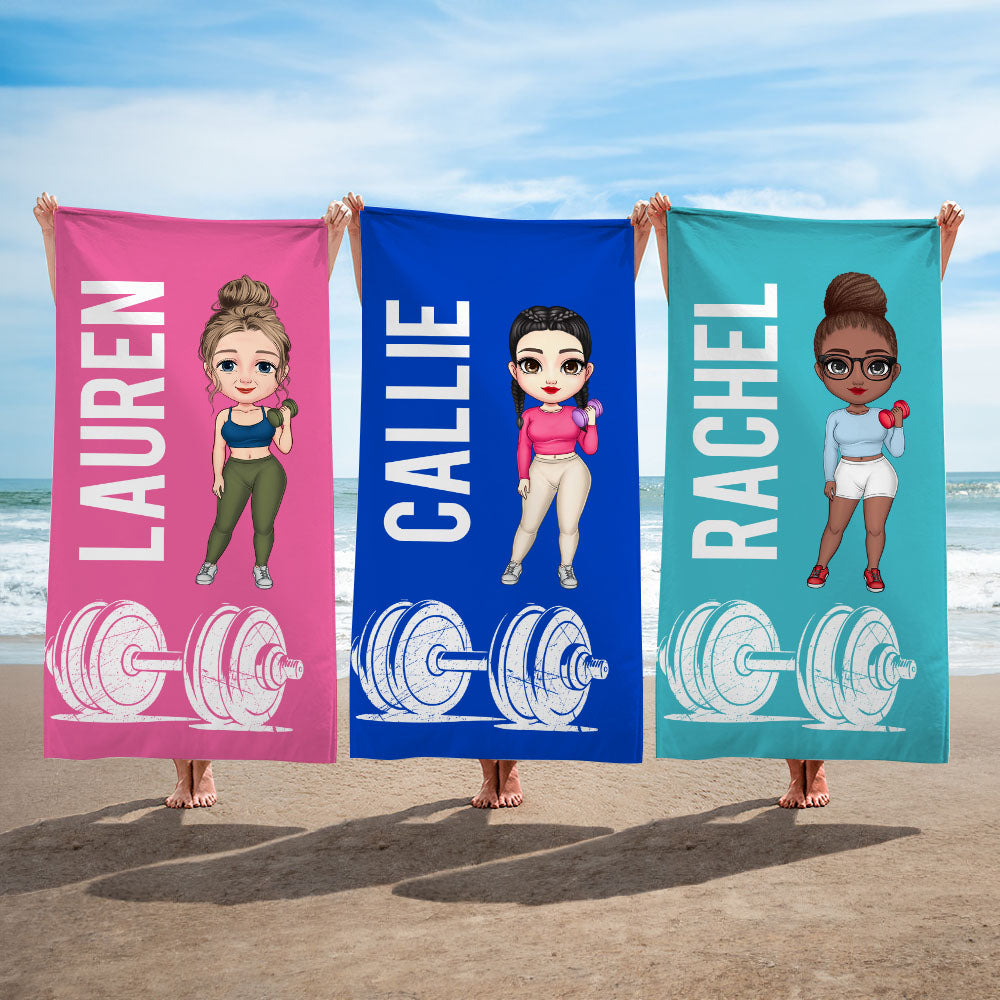 Toalla de playa de secado rápido con nombre, personalizada, de dibujos animados, con mancuernas, para fiestas de playa, de verano, para mujeres y niñas.