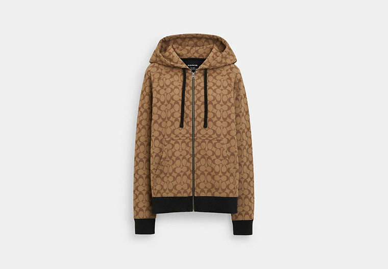 COACH® Women's Sudadera con capucha y cremallera de firma en toda la prenda en Beige, Talla Mediano | Coton