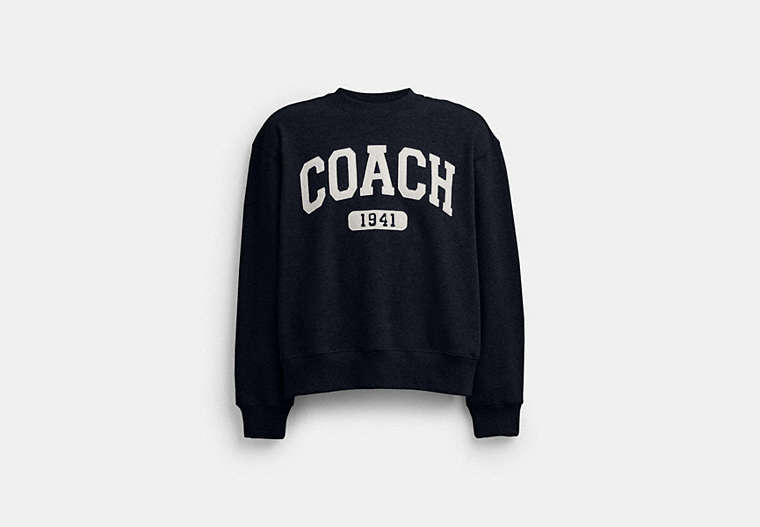 COACH® Women's Sudadera de cuello Rojoondo deportiva tipo Boyfriend de firma en Azul, Talla Mediano