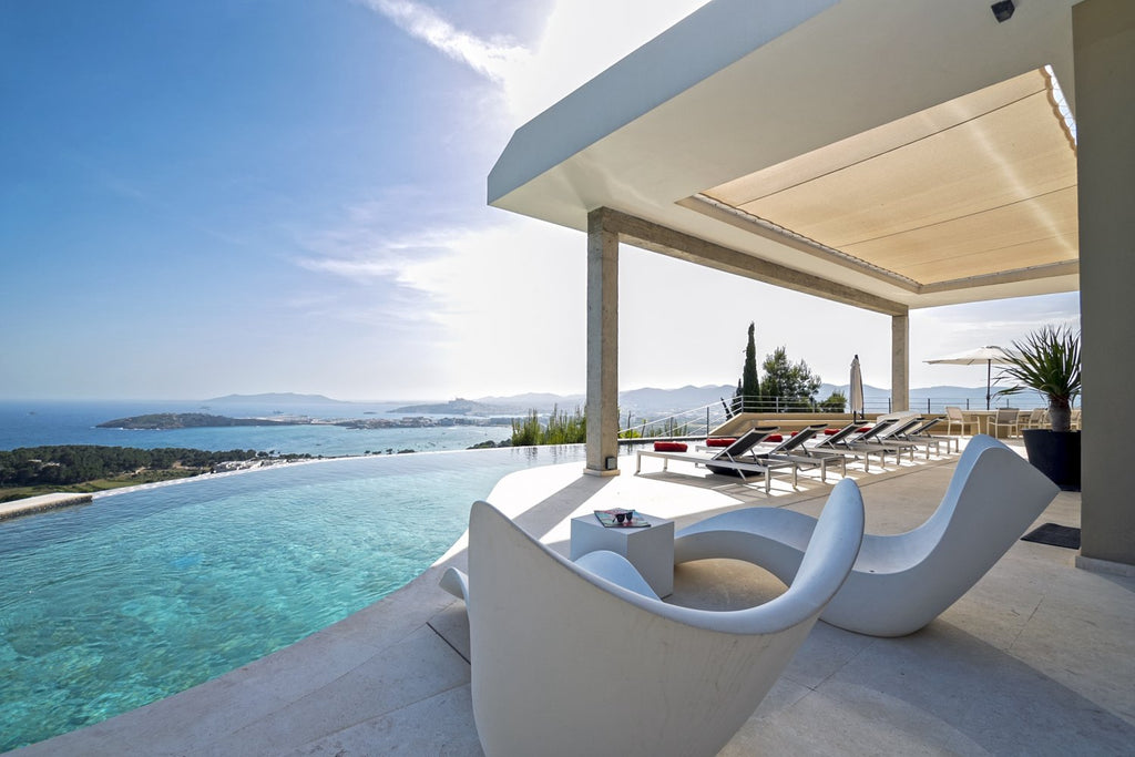 Hillside Contemporary Style Ibiza Villa with Panoramic Views of the Island near Cala Roja Cove and Talamanca Beach in Ibiza Town