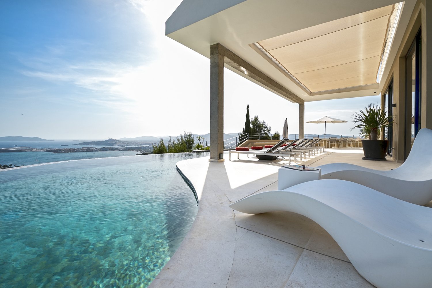 Hillside Contemporary Style Ibiza Villa with Panoramic Views of the Island near Cala Roja Cove and Talamanca Beach in Ibiza Town