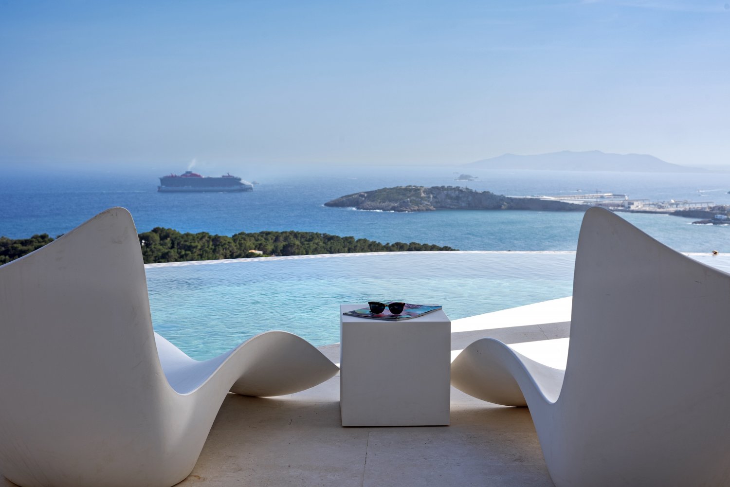 Hillside Contemporary Style Ibiza Villa with Panoramic Views of the Island near Cala Roja Cove and Talamanca Beach in Ibiza Town
