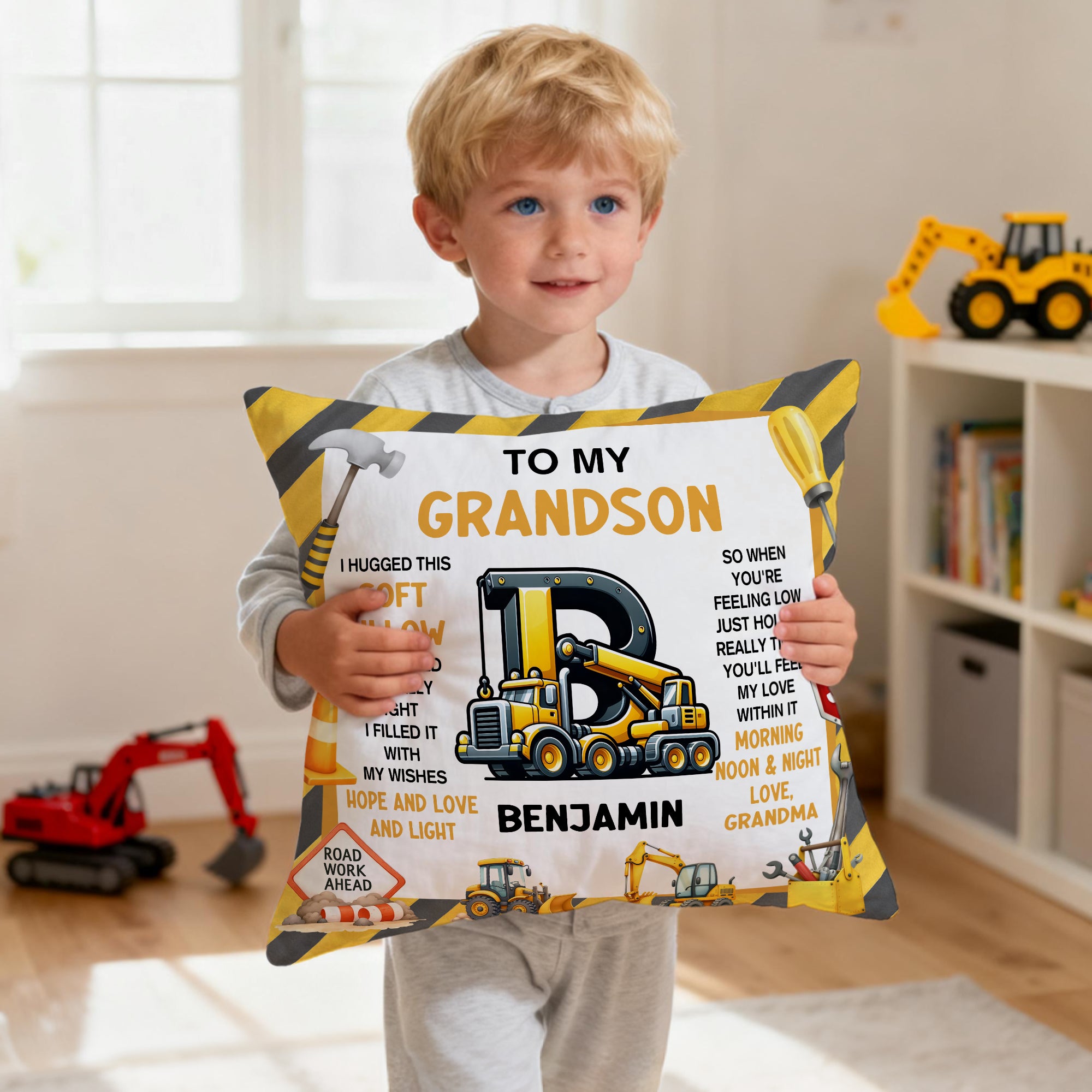 Vehículo de Construcción Personalizado Funda de Almohada Suave con Nombre Inicial y Título Decoración de Dormitorio Regalo de Cumpleaños para Niños Niños