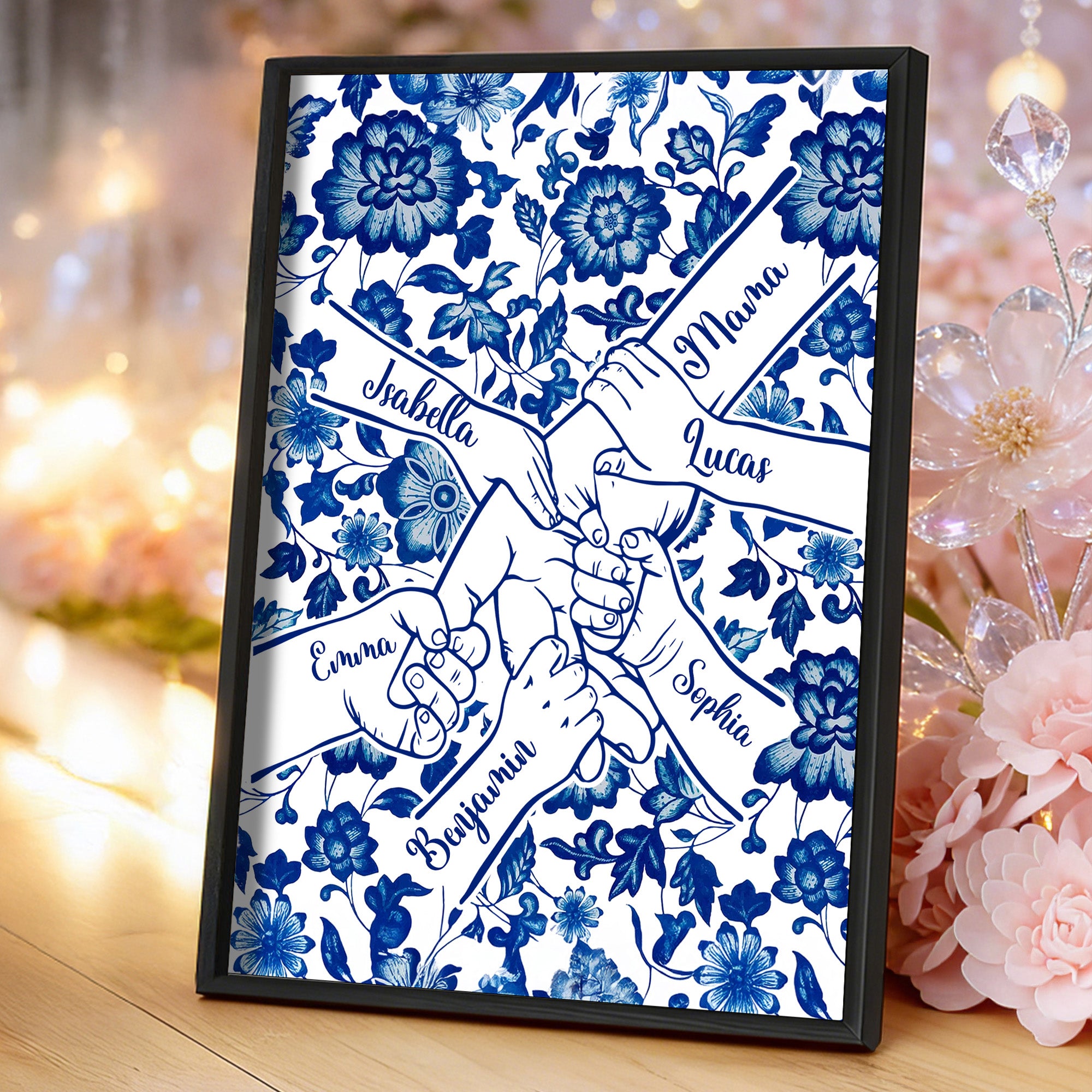 Personalizado Toile De Jouy Tomados de las Manos Pintura Póster Enmarcado Pintura con Nombre Decoración de Pared Día de la Madre Cumpleaños Regalo para Mamá Mujer