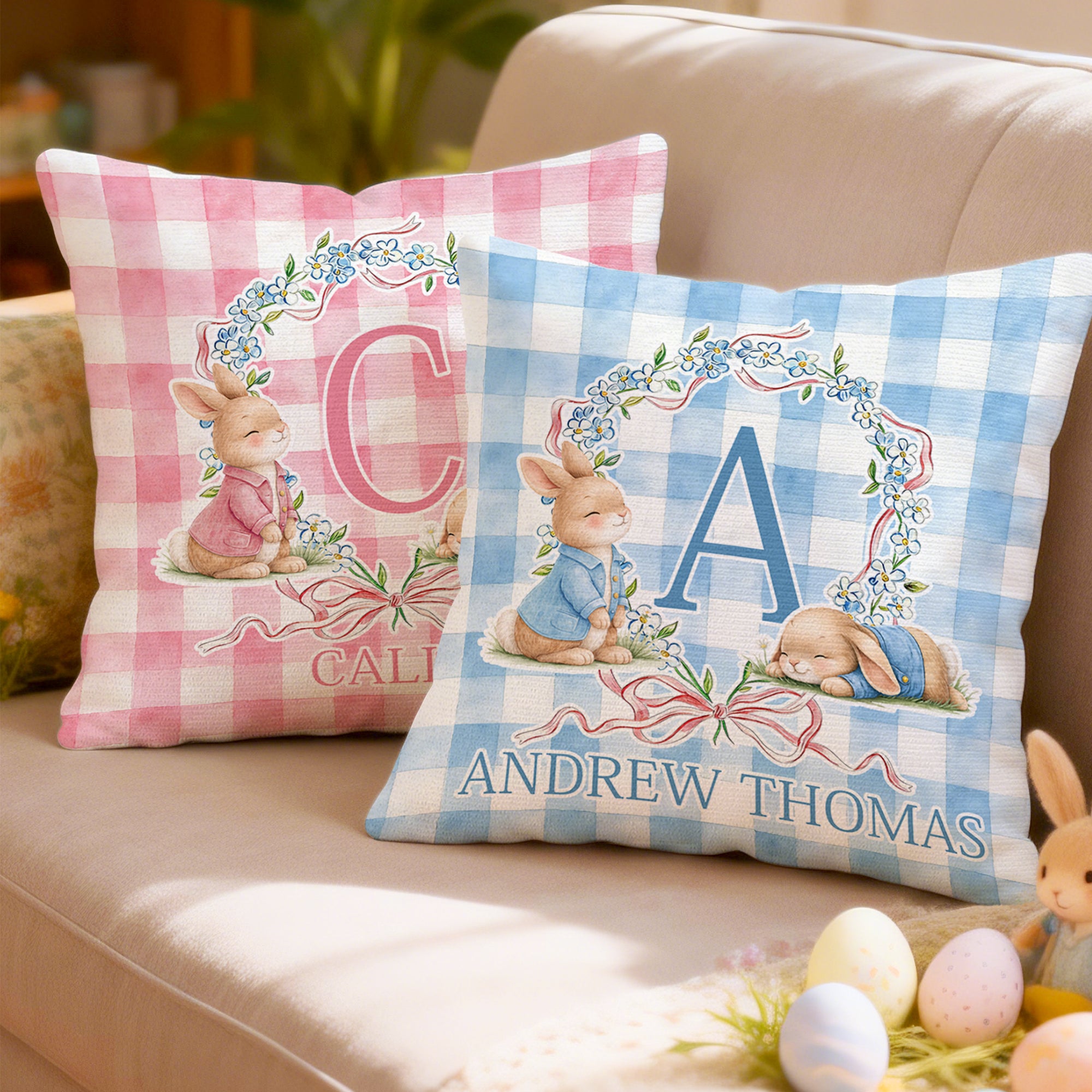 Personalizado lindo conejito corona cuadrícula suave almohada cubierta con el nombre de decoración de la habitación de Pascua del partido de regalo para los niños niñas