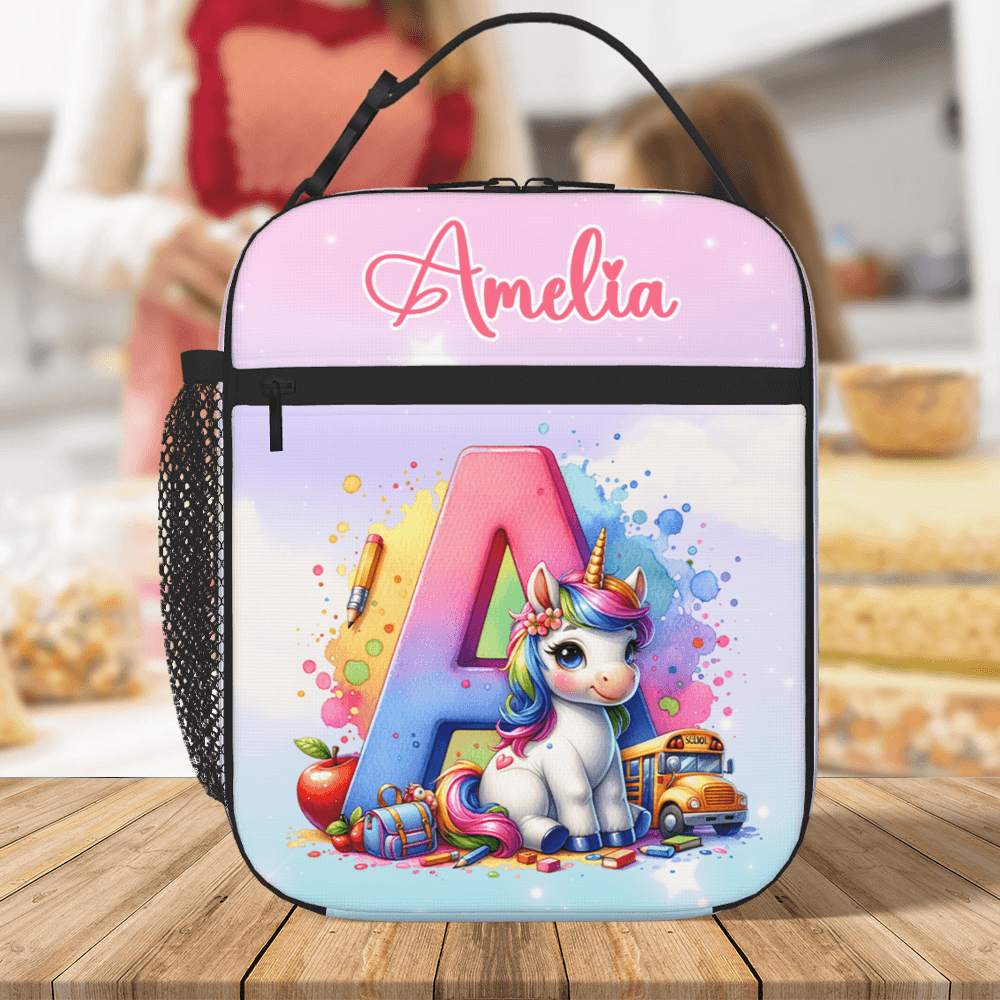 Personalizado Fantasía Unicornio Dibujos animados Inicial Bolsa de almuerzo aislante con el nombre de viaje diario de vuelta a la escuela Regalo de cumpleaños para niños Niñas