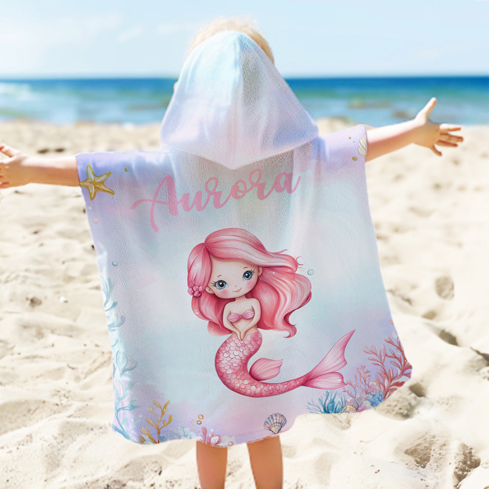 Toalla de playa con capucha para niños, de secado rápido y suave, con nombre, personalizada, del mundo submarino de las sirenas Vacaciones de verano Regalo esencial de cumpleaños para niñas amantes de
