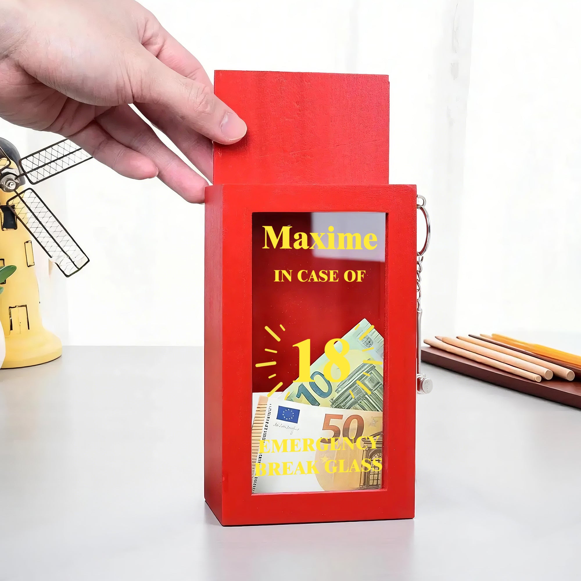 Hucha de madera con nombre, texto, edad y martillo para niños, amigos, bomberos, decoración del hogar, regalo de cumpleaños