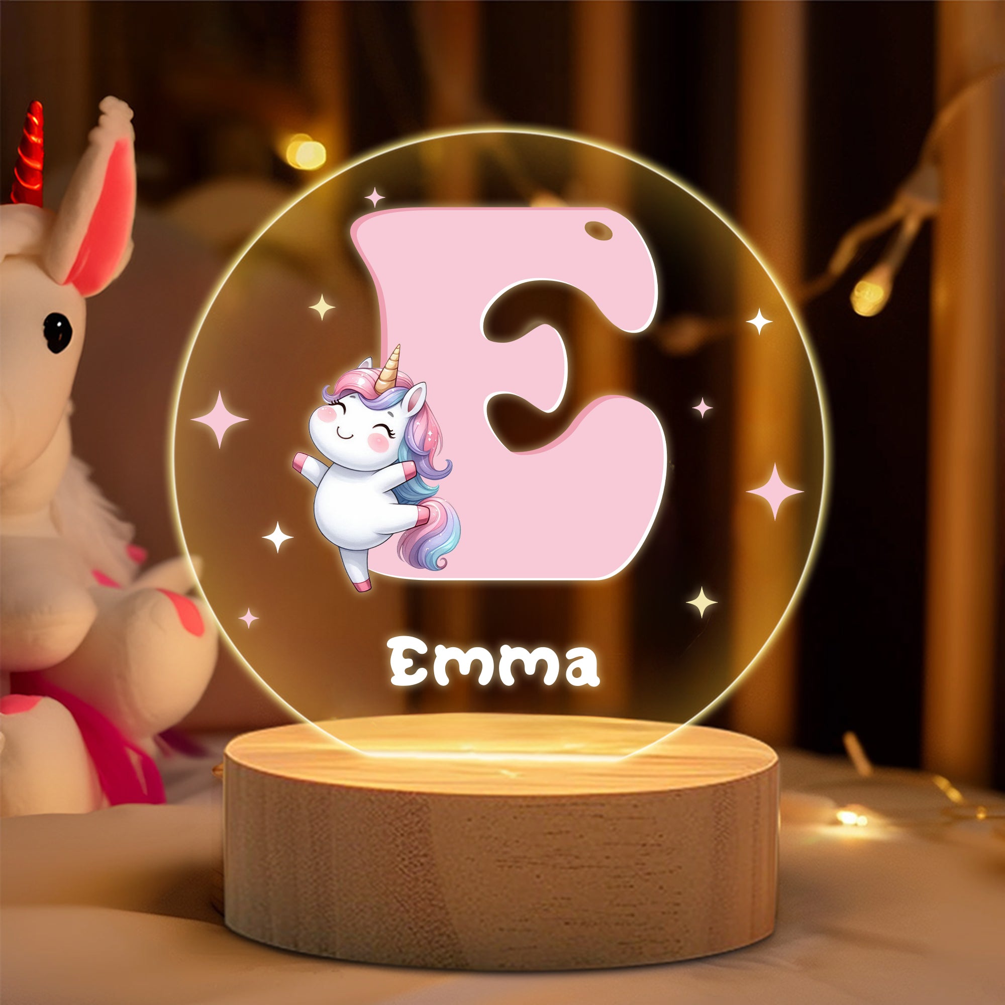 Lámpara de noche LED con iniciales de animales de dibujos animados personalizada con nombre y base de madera Decoración de habitación infantil Regalo de cumpleaños Baby Shower para niños