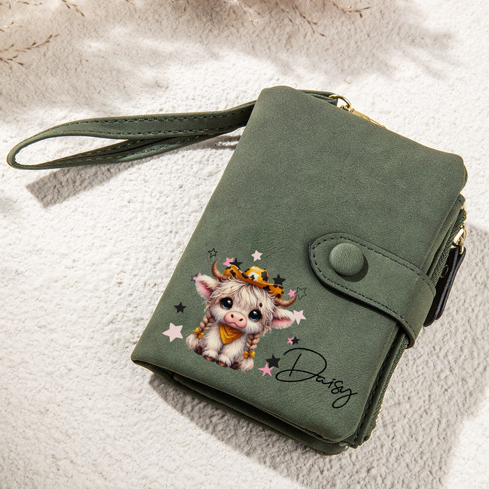 Personalizado lindo Highland Vaca de cuero de la PU Nombre Tri-Fold Cartera con tarjetero y pulsera Correa de regalo de cumpleaños para los amantes de la vaca Highland