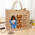 Personalizada de moda de dibujos animados de Hip Hop Chica Ella es Confidente Bolsa de yute grande con nombre Cumpleaños Estímulo Afirmación Regalo para Mujeres