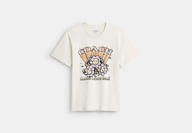 COACH® Women's Camiseta Clásica Play Daisy En Algodón Orgánico en Beige, Talla Mediano | Autre