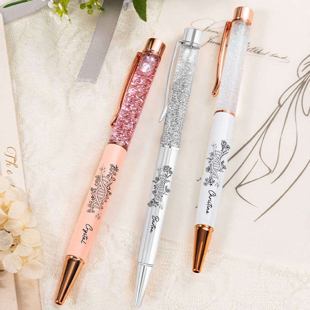 Set de 2 bolígrafos personalizados ADN Nacimiento Flor Purpurina Líquido Dinámico Arena Bolígrafo Recargable con Nombre Material de Oficina Regalo de Cumpleaños para Personal Médico
