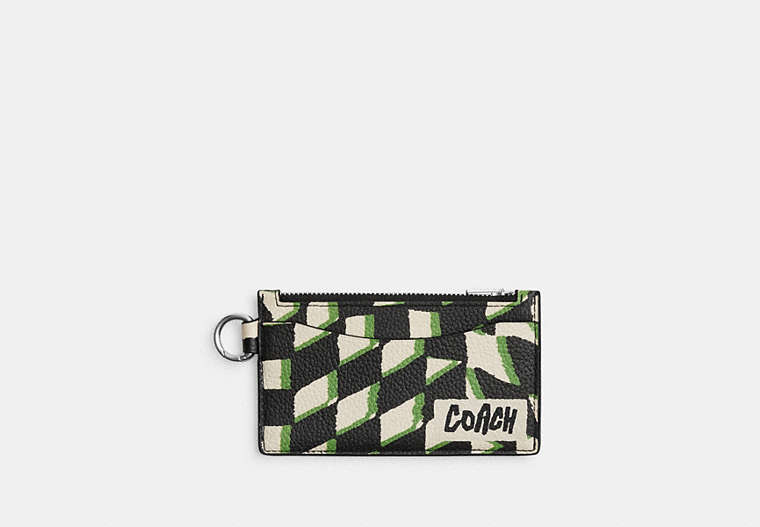 COACH® Men's Tarjetero Con Cremallera Y Estampado De Cuadros Geométricos en Negro | Cuir
