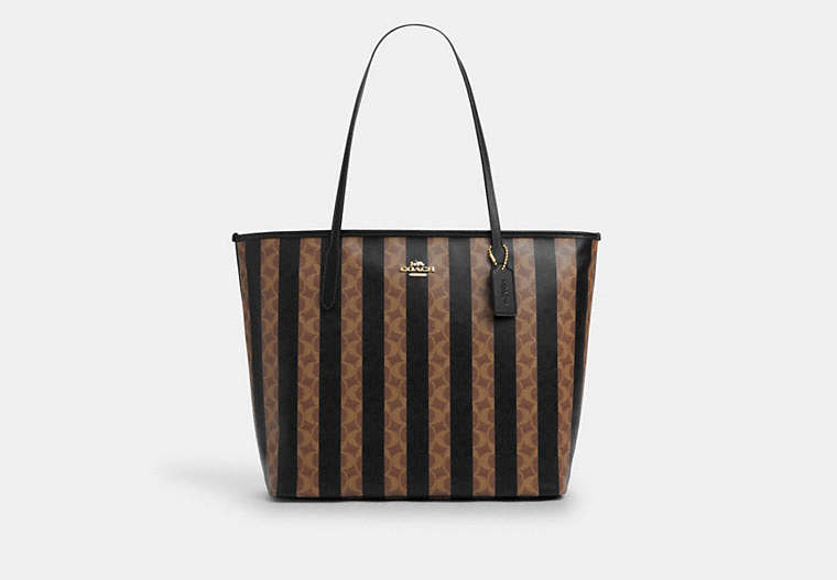 COACH® Women's Bolso Tote City Grande De Lona De Firma Con Franja en Castaño | Pvc
