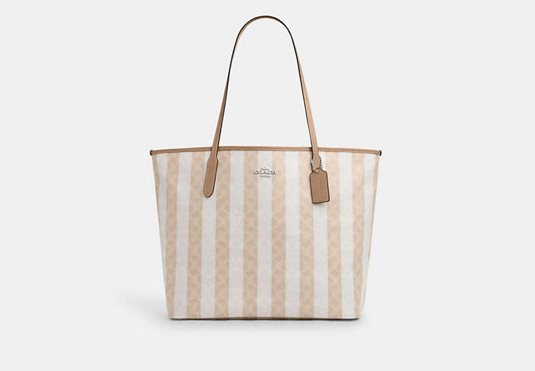 COACH® Women's Bolso Tote City Grande De Lona De Firma Con Franja en Beige | Pvc