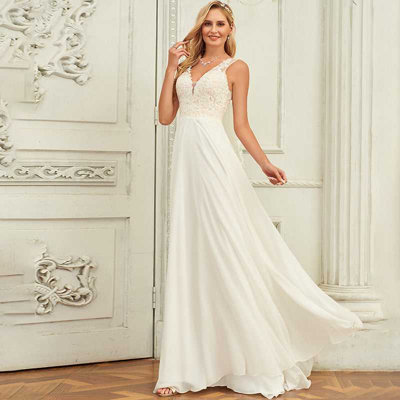 Bridal Wedding Dress White Sleeveless Long V-Neck A-line
