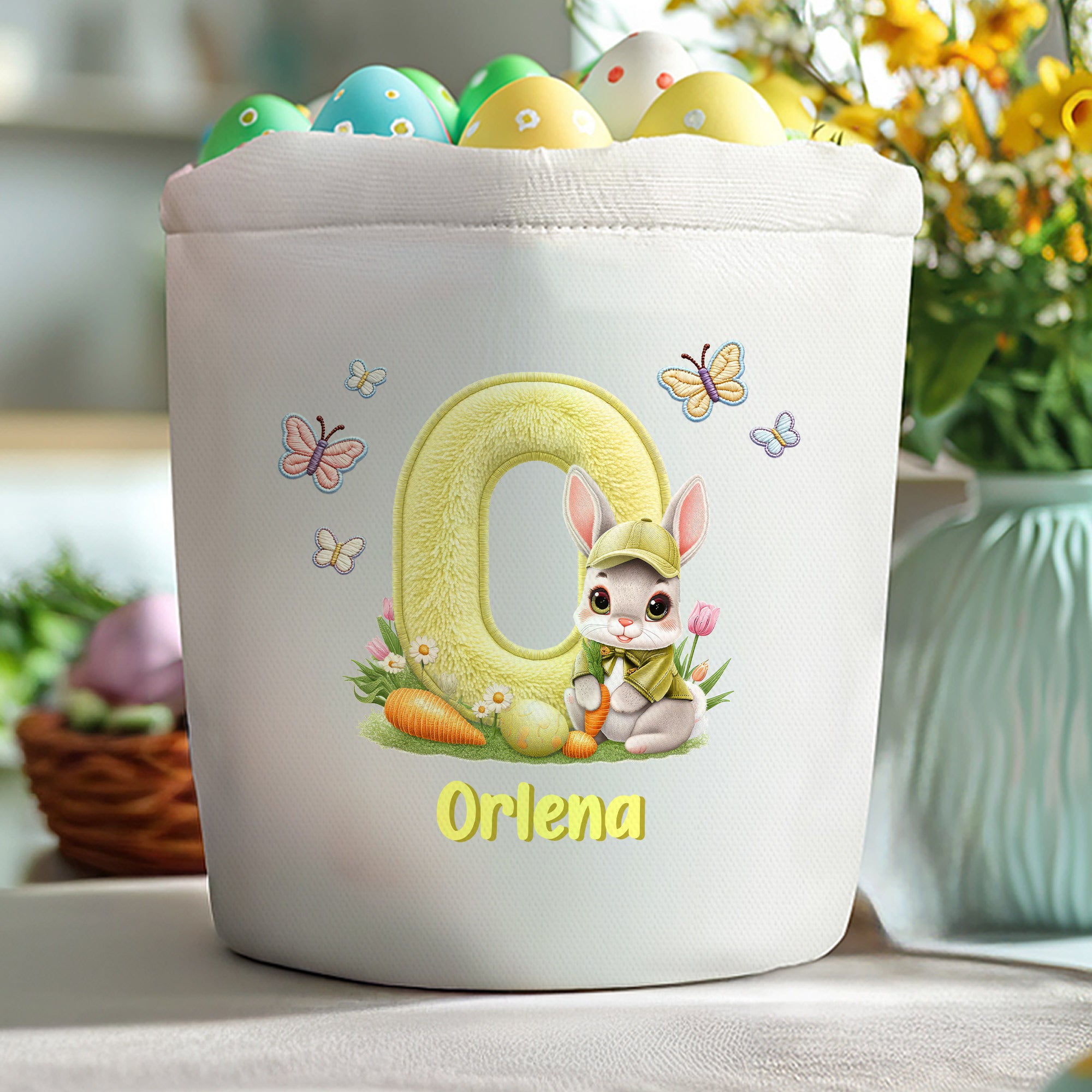 Personalizado lindo conejito mariposa de Pascua Huevo de Pascua de lona Cesta de Pascua con el nombre de los huevos de caza Fiesta de Pascua de regalo para los niños