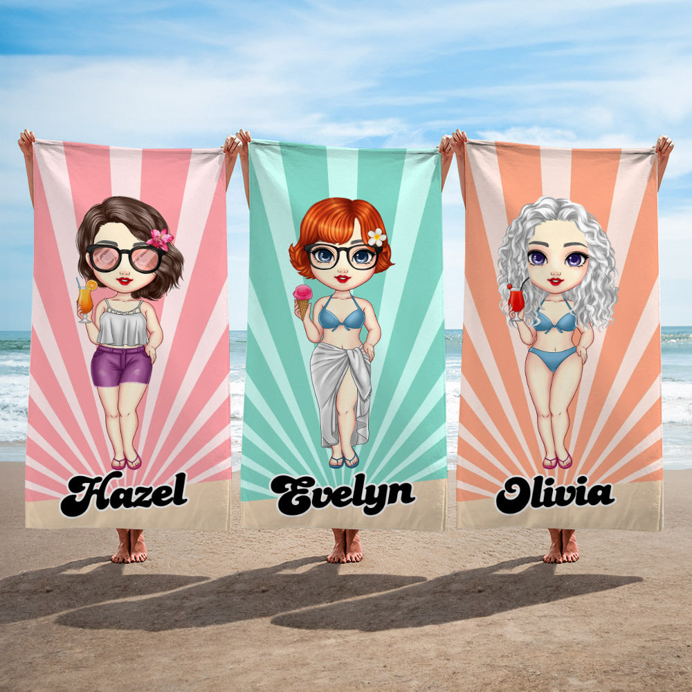 Traje de baño personalizado de moda de dibujos animados para niña Toalla de playa de gran tamaño y secado rápido con nombre Esencial de viaje Fiesta en la playa Regalo de cumpleaños para mujer
