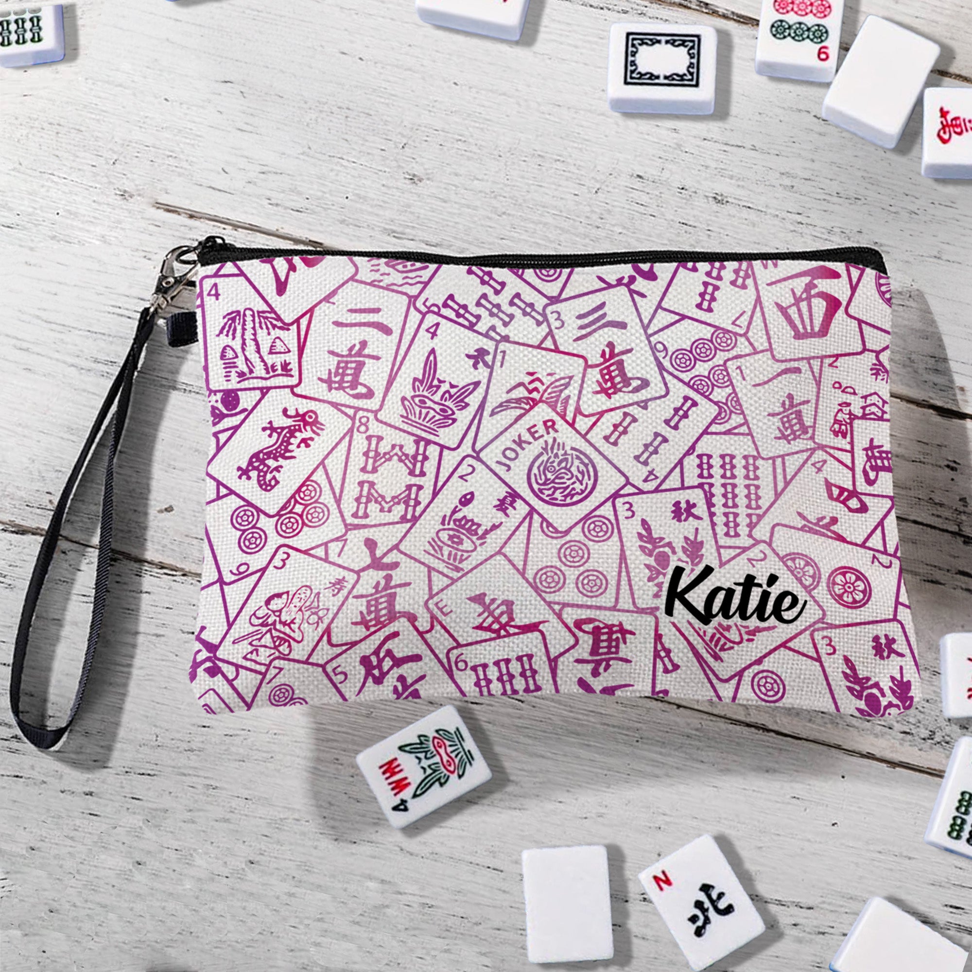 Bolso de lino personalizado con nombre de Mahjong multicolor con cremallera y correa para la muñeca Accesorio portátil Noche de Mahjong Regalo de vacaciones para los amantes del Mahjong