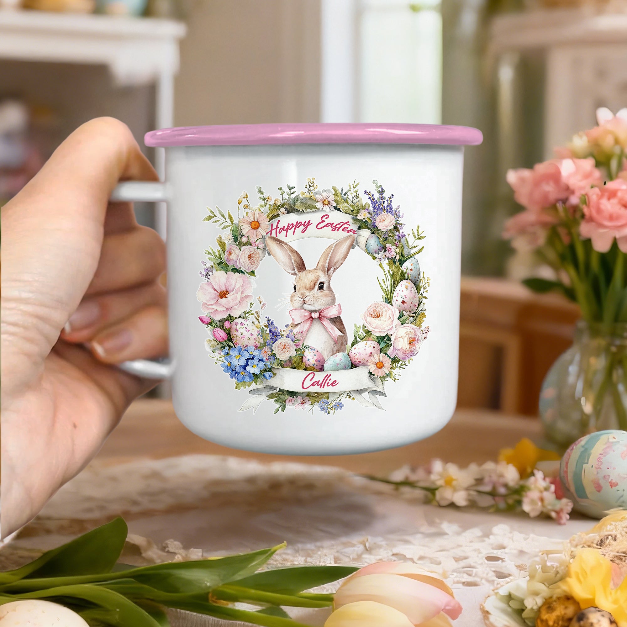 Taza esmaltada personalizada con nombre Happy Easter Cute Wreath Egg Bunny 12 oz Easter Birthday Gift for Kids