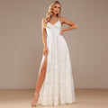 Bridal Wedding Dress Ivory Spaghetti Straps Long V-Neck A-line Lace
