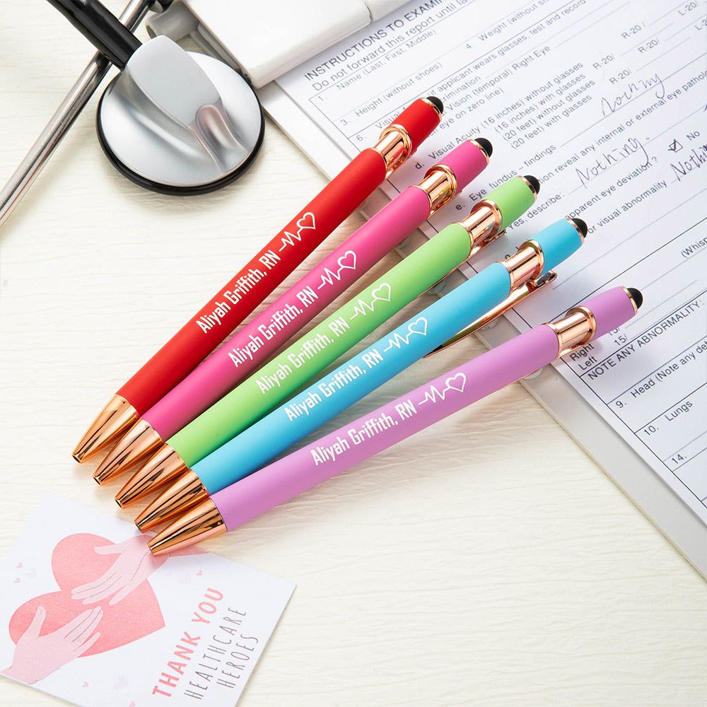 Set de 5 bolígrafos táctiles 2 en 1 personalizados multicolor con diseño de corazón y electrocardiograma con texto y tarjeta Regalo de la semana de la enfermera para el personal médico