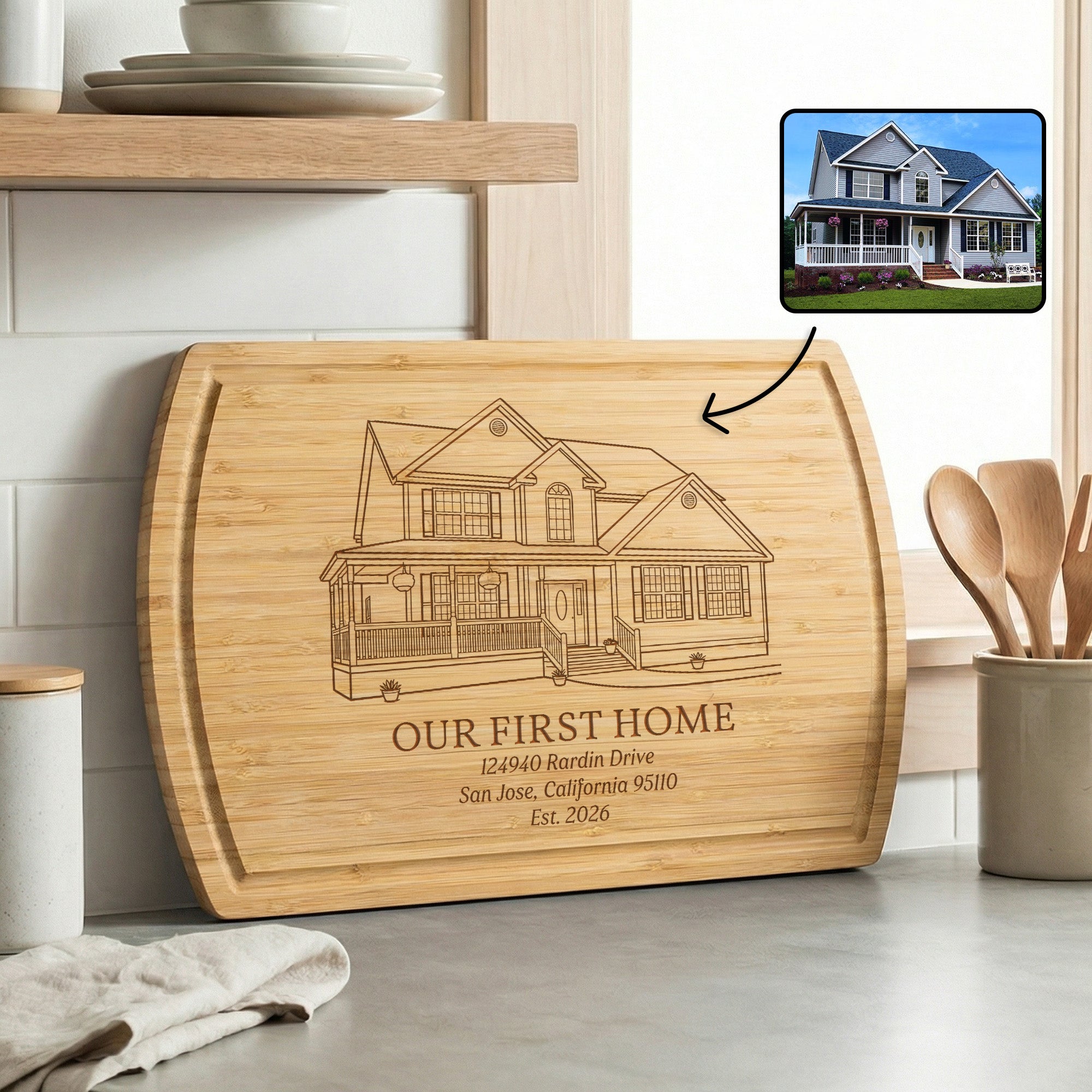 Personalizado grabado Casa Foto Bambú Cerezo Nogal Madera Tabla de cortar con el título y el texto de uso diario Housewarming Regalo para Amigos Familia