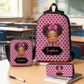Personalizado lindo dibujo animado negro niña mochila bolsa de almuerzo juego de lápices con el nombre de regreso a la escuela regalo de cumpleaños para las niñas