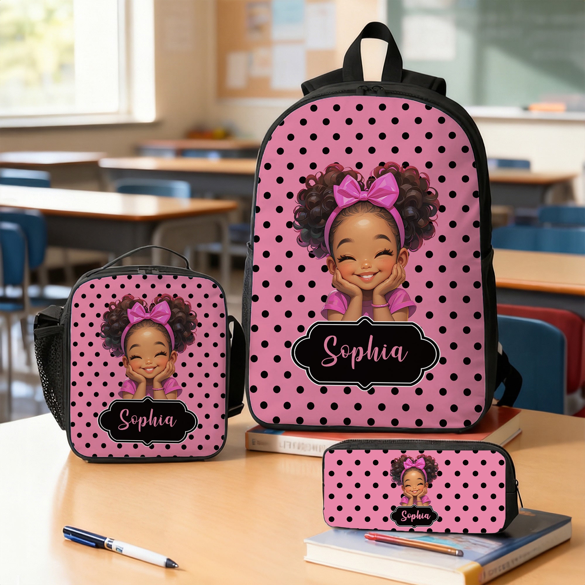 Personalizado lindo dibujo animado negro niña mochila bolsa de almuerzo juego de lápices con el nombre de regreso a la escuela regalo de cumpleaños para las niñas