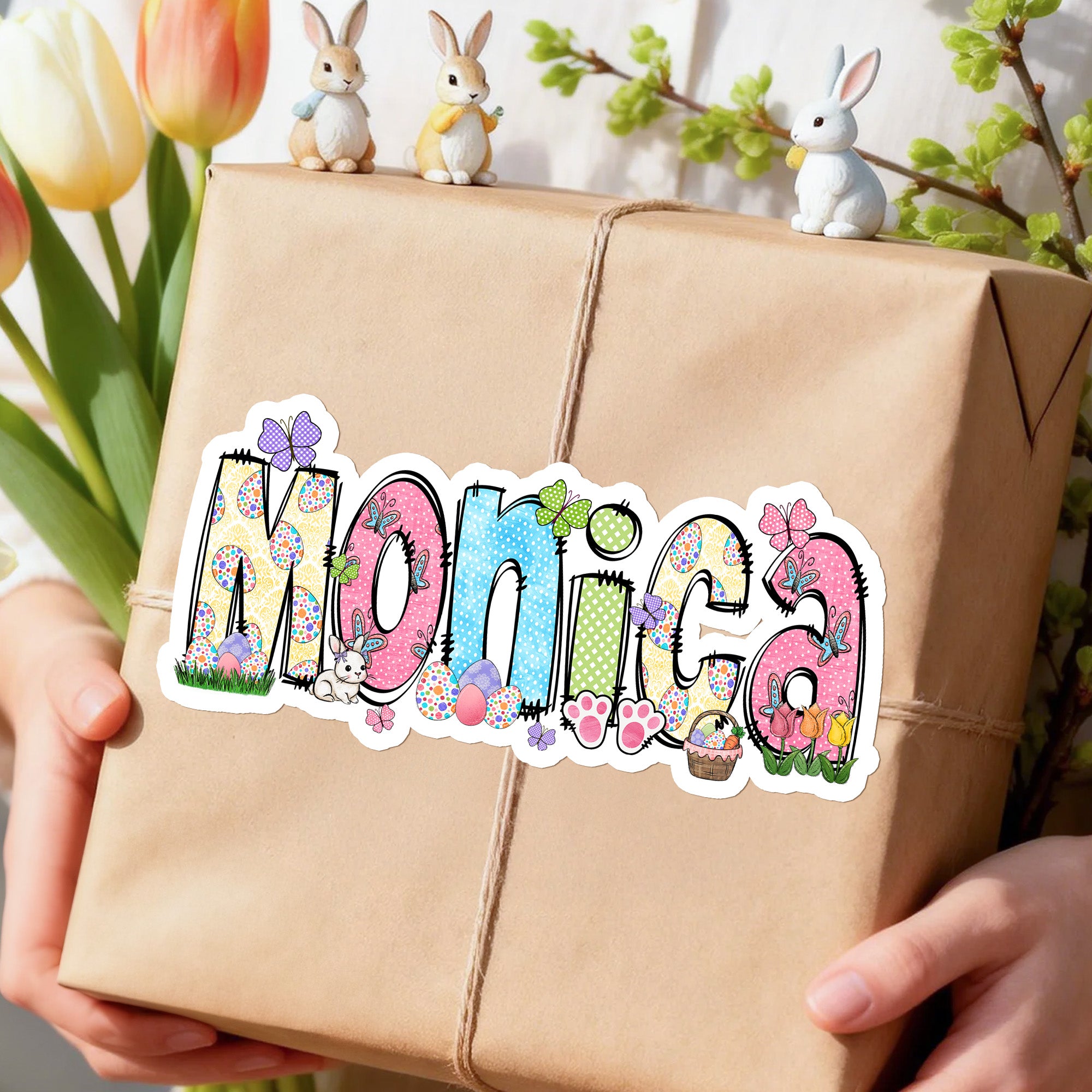 Personalizado Multicolor Nombre Huevo de Pascua Conejito Mariposa Impermeable Pegatinas Decoración Favores Etiquetas Búsqueda del Huevo de Pascua Regalo para Niños Niñas