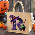 Maceta mágica personalizada y sombrero de bruja Bolsa grande de yute con nombre Truco o trato Fiesta de Halloween Regalo para mujeres Niños