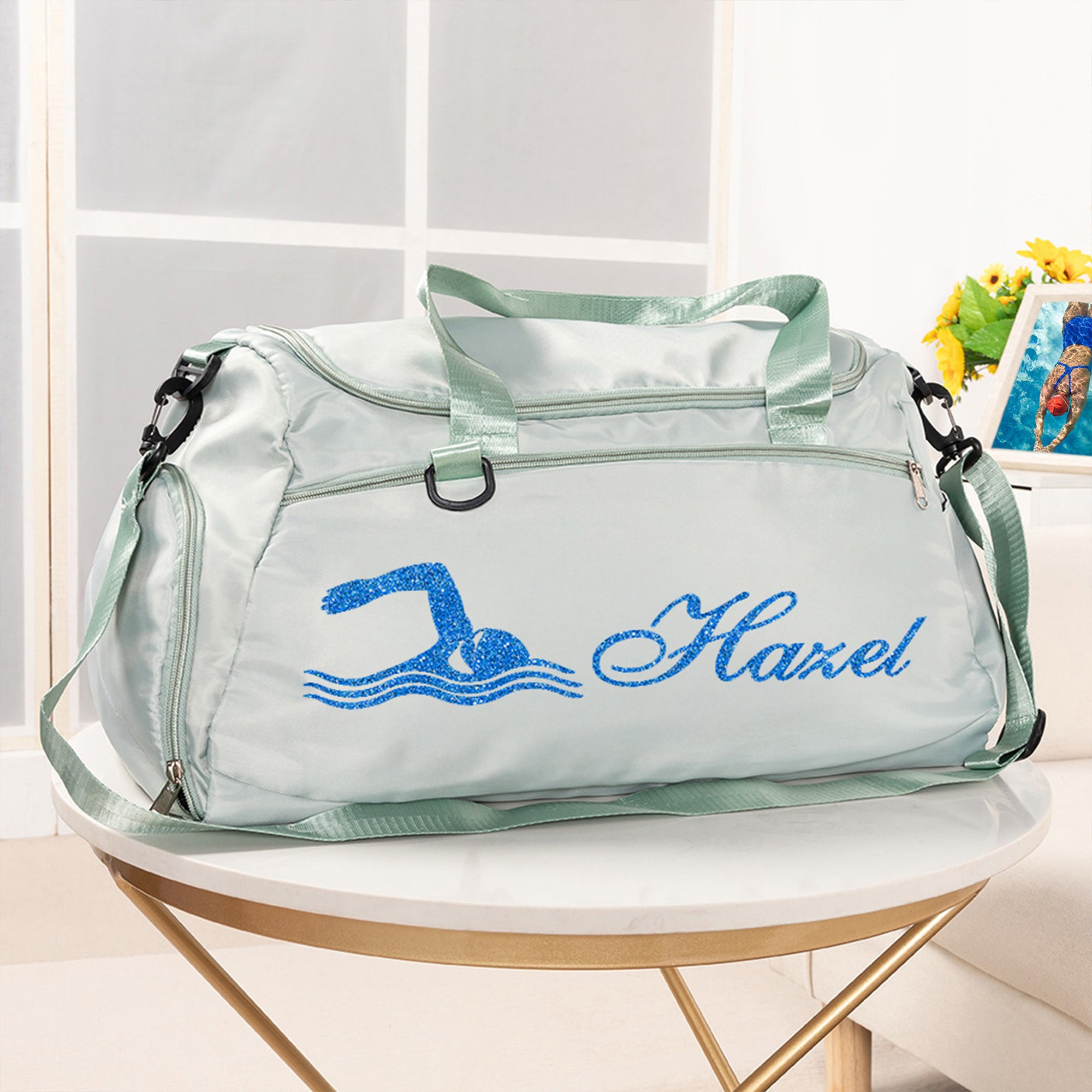Bolsa de viaje personalizada con nombre y compartimento para calzado Silueta de nadador multicolor Regalo de viaje para nadadores