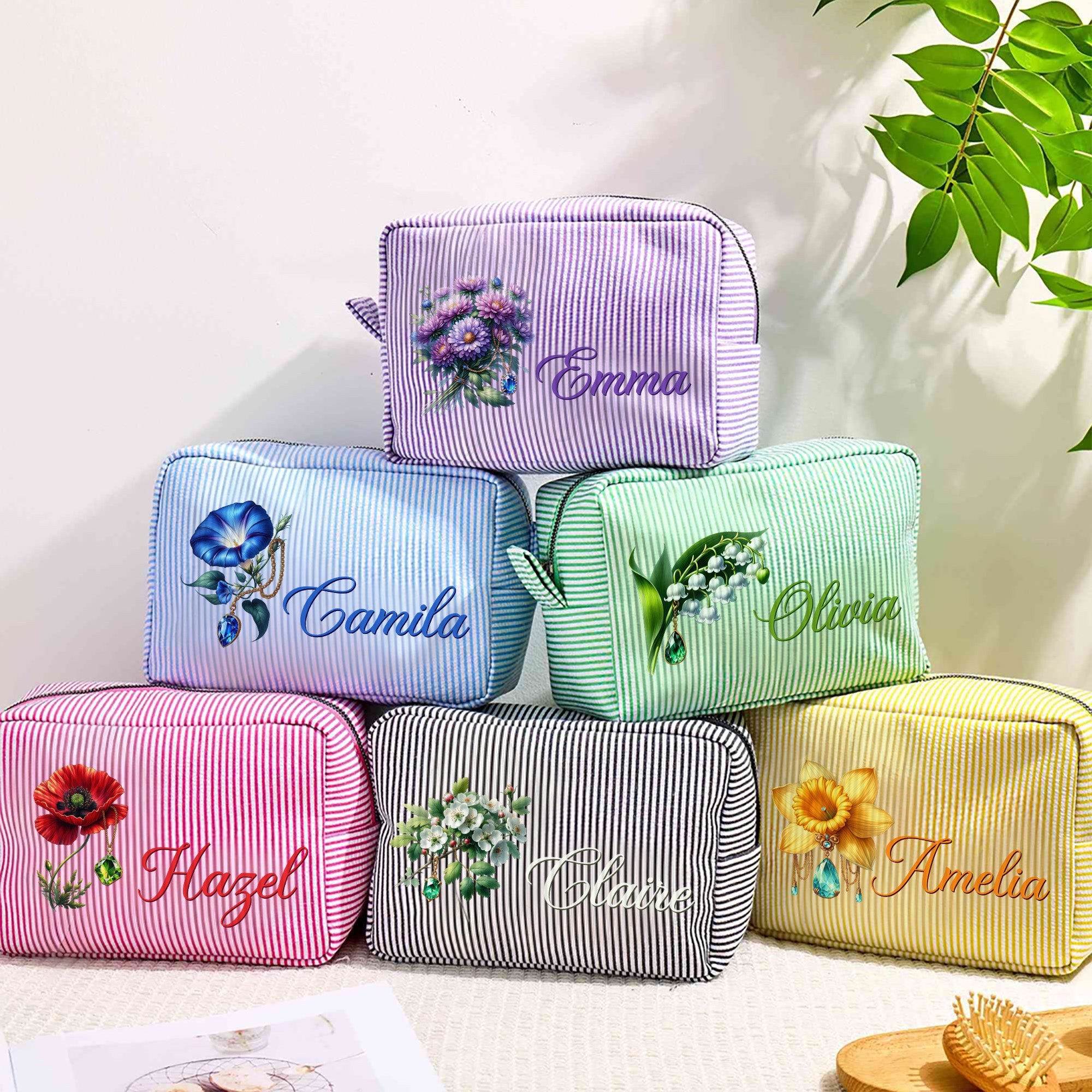 Personalizado Retro Gemstone Nacimiento Flor Raya Bolsa de Maquillaje de Gran Capacidad con Nombre Viaje Esenciales Novia Cumpleaños Regalo para Mujeres