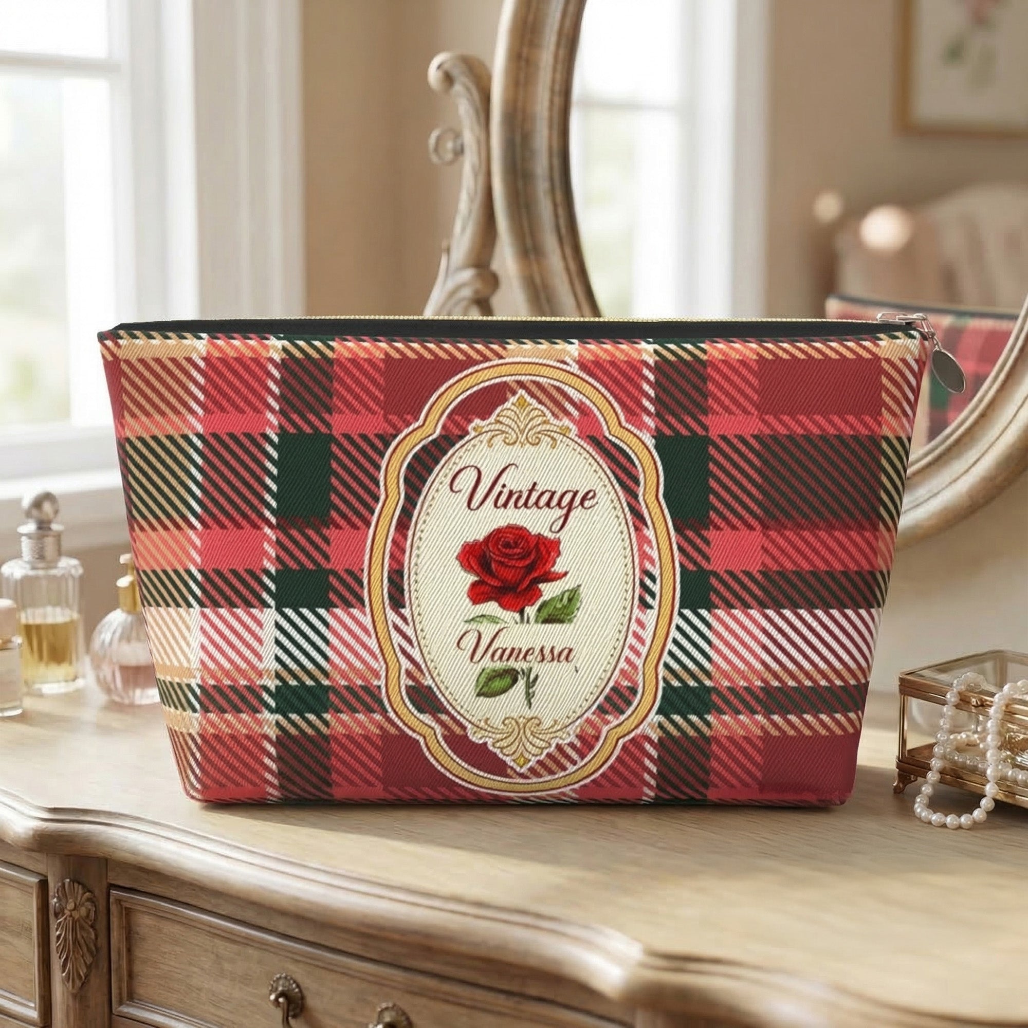 Personalizado Vintage Plaid Nacimiento Flor Bolsa de Maquillaje con Nombre Día de la Madre Cumpleaños Regalo para Mamá Mujer