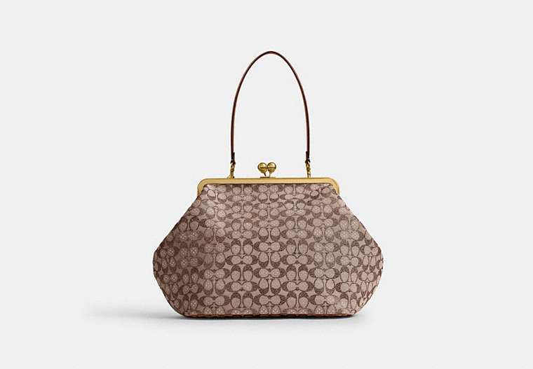COACH® Women's Bolso Con Montura Kisslock Grande En Jacquard De Firma De Cristal en Castaño | Clous
