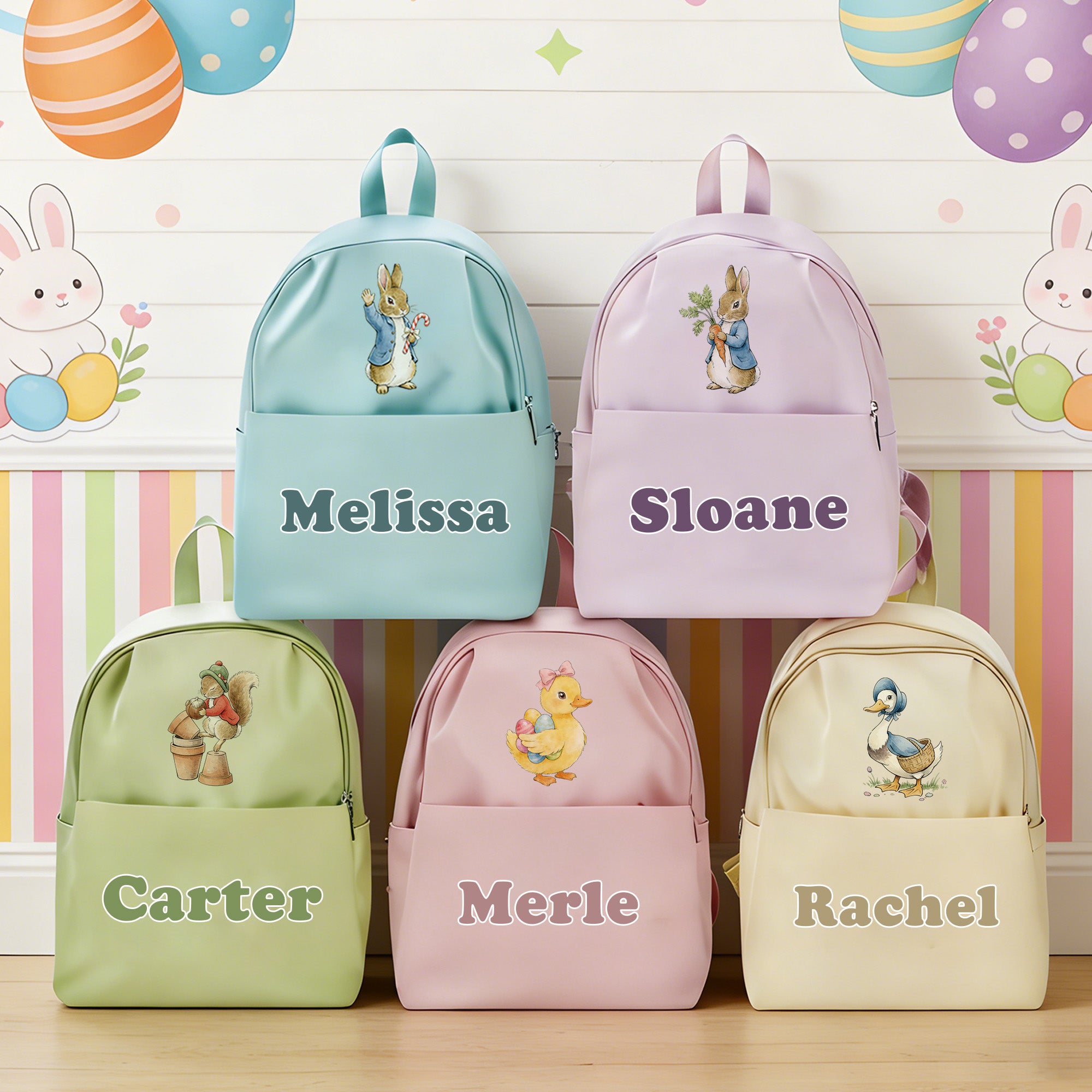Huevos de Pascua del pato Peter Rabbit Bolsa escolar personalizada con nombre Regalo de cumpleaños de Pascua para niños
