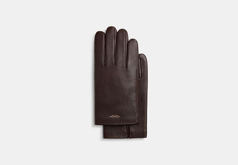 COACH® Men's Guantes Tecnológicos De Piel Para Hombre en Castaño, Talla Mediano | Cuir
