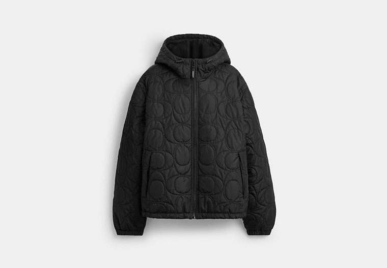 COACH® Men's Chaqueta Acolchada Con Capucha De Firma En Poliéster Reciclado en Negro, Talla Mediano