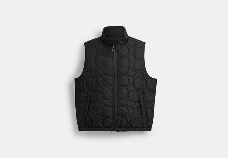 COACH® Men's Chaleco Acolchado De Jacquard De Firma En Poliamida Reciclada en Negro, Talla Mediano