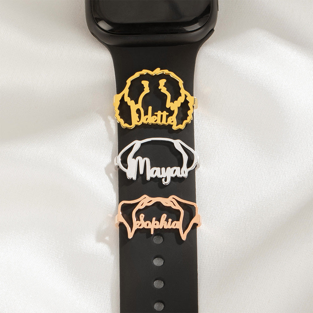 Personalizado Perro Gato Silueta Watch Band Charm con Nombre Banda Accesorios Decorativos Pet Theme Party Birthday Gift for Pet Lovers Owners