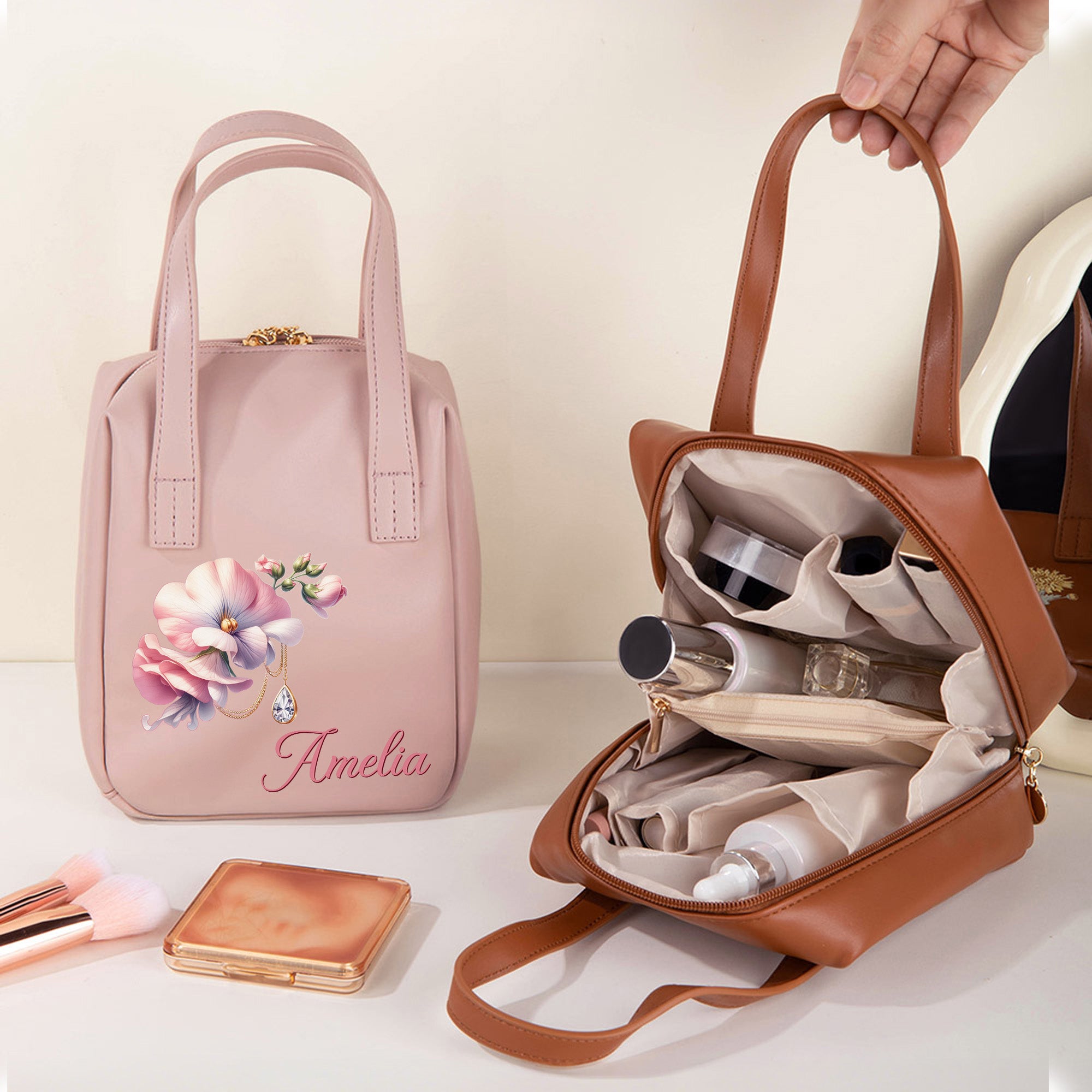 Personalizada Flor de Nacimiento Piedra Preciosa PU Bolsa de Maquillaje con Nombre y Asa de Viaje Aniversario Regalo de Cumpleaños para Mujeres
