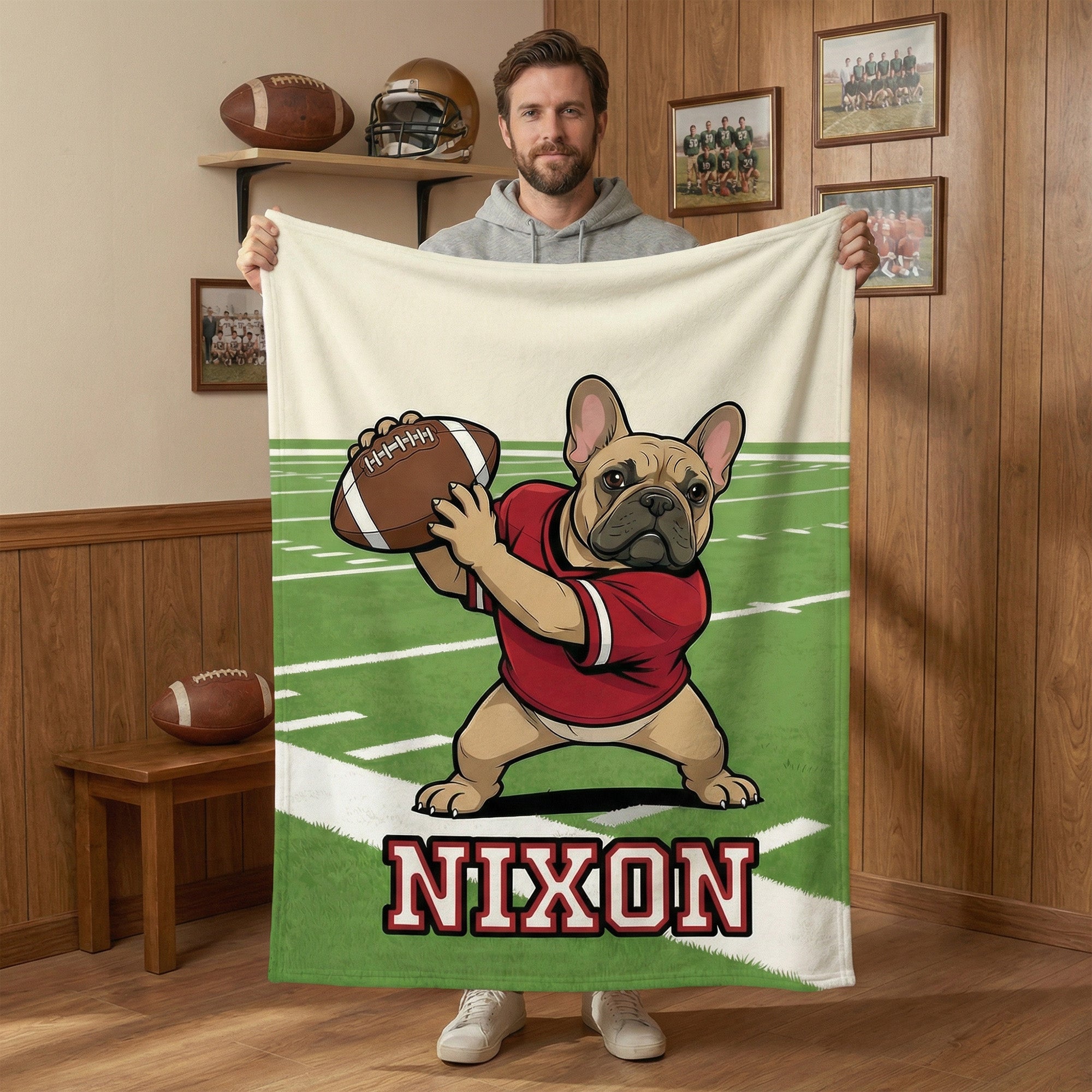 Manta de Fútbol Americano personalizada con el nombre del Bulldog Francés Decoración para el hogar Regalo de cumpleaños para los amantes del fútbol americano