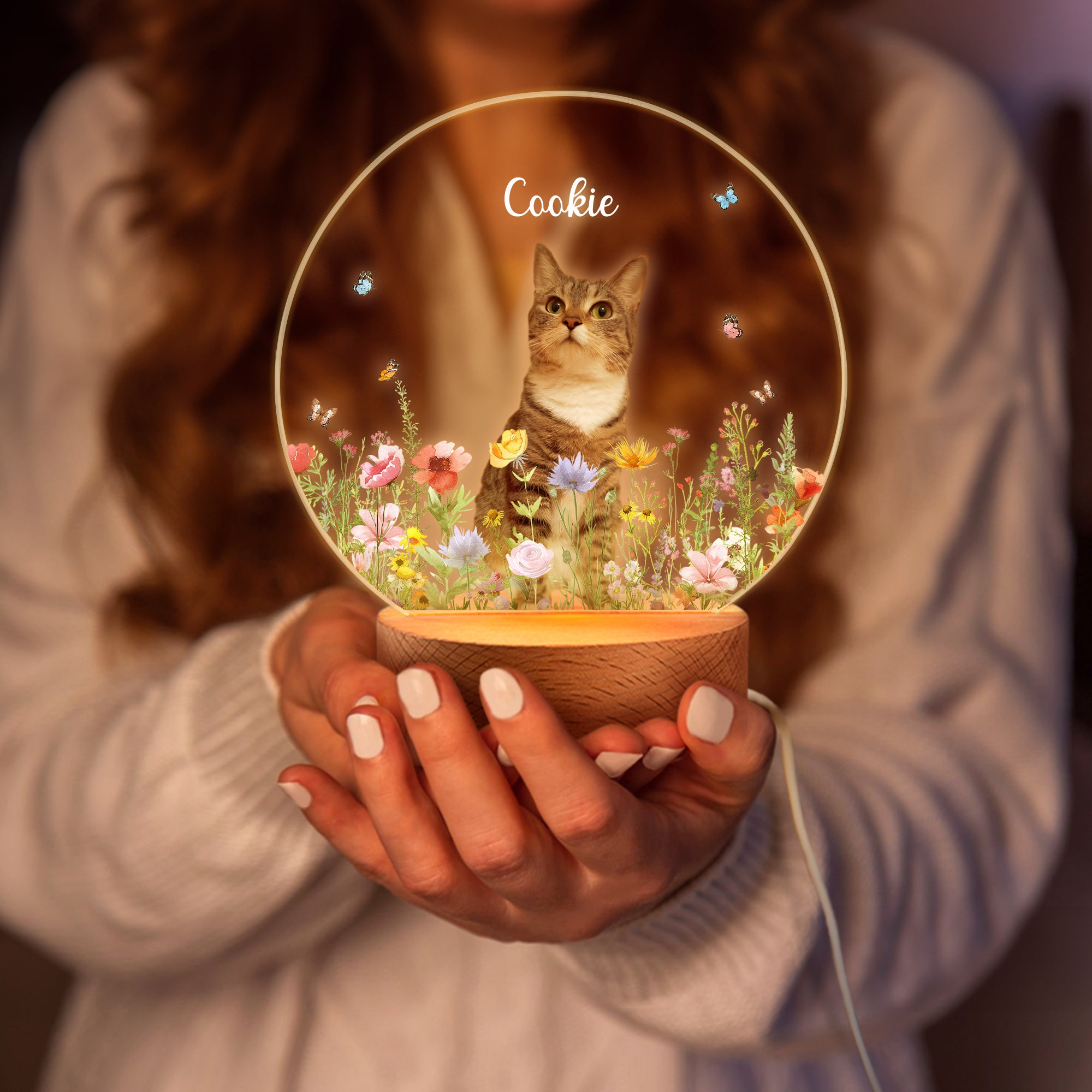 Luz nocturna LED personalizada con foto floral de mascota, nombre, fecha y base de madera Simpatía por la pérdida de una mascota Regalo de cumpleaños para los amantes de las mascotas