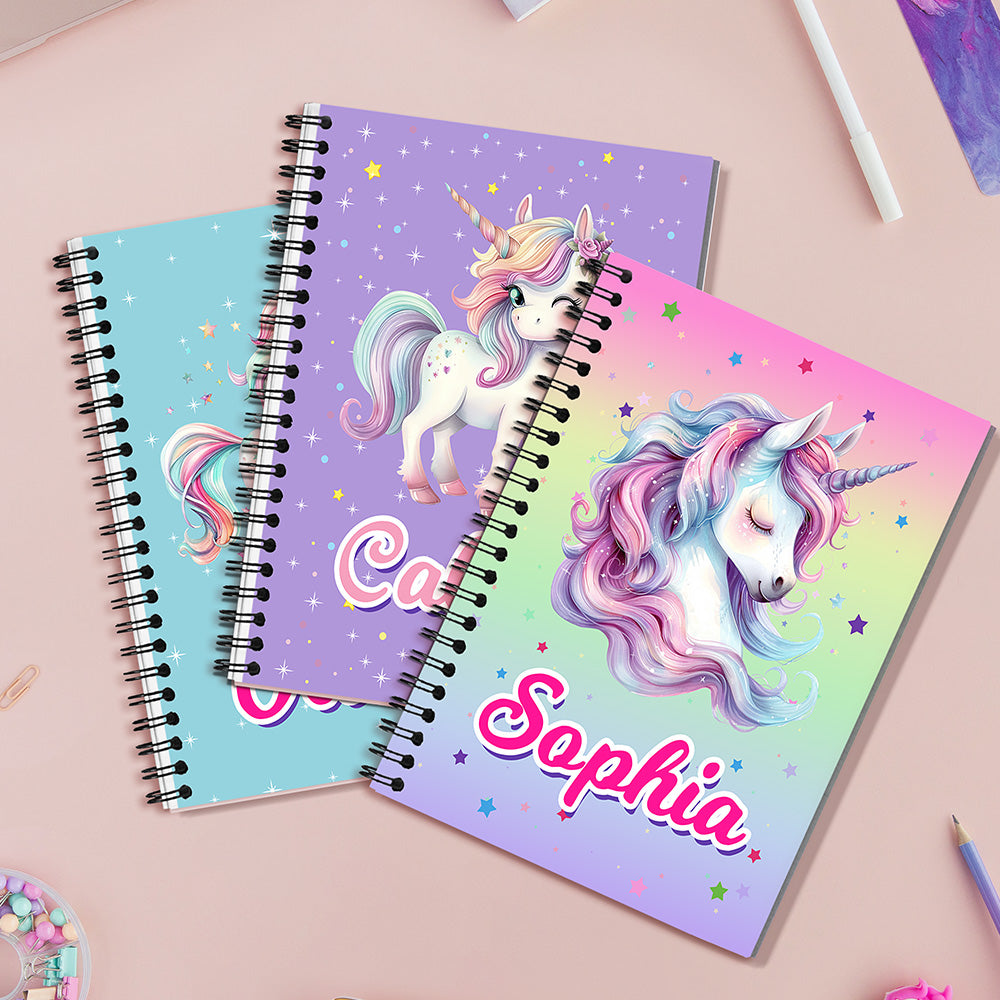 Cuaderno espiral personalizado Fantasía Unicornio A5 con nombre y 120 páginas rayadas Regalo de cumpleaños Vuelta al cole para niños Estudiantes