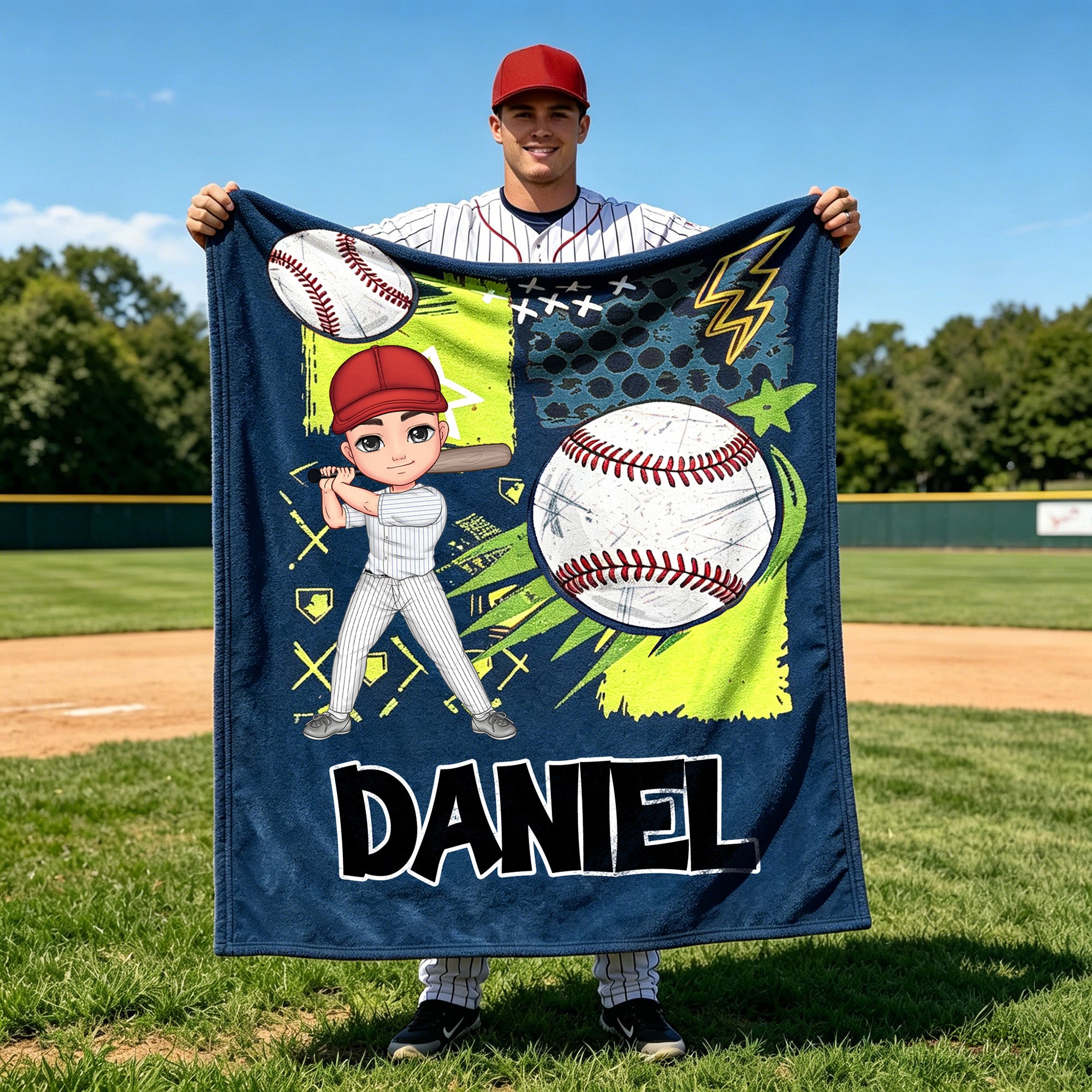 Personalizado Multicolor Cartoon Character Baseball Softball Soft Throw Blanket with Name Home Decor Team Birthday Gift for Baseball Softball Lover