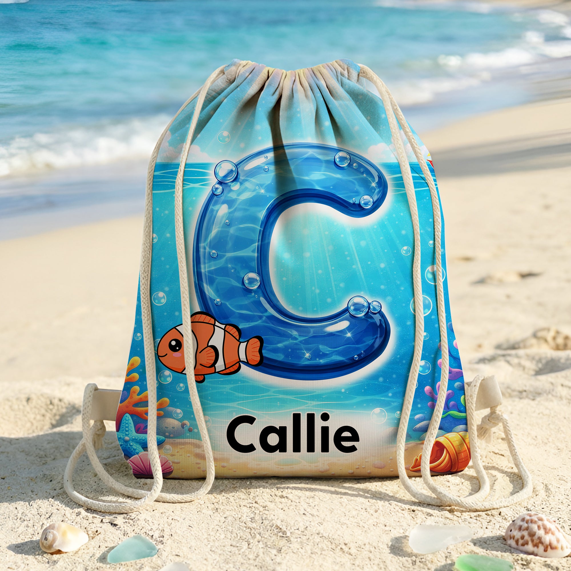 Bolsa de cordón personalizada con nombre e inicial para animales del océano Actividades al aire libre Fiesta en la playa Regalo de cumpleaños para niños amantes del océano Familia