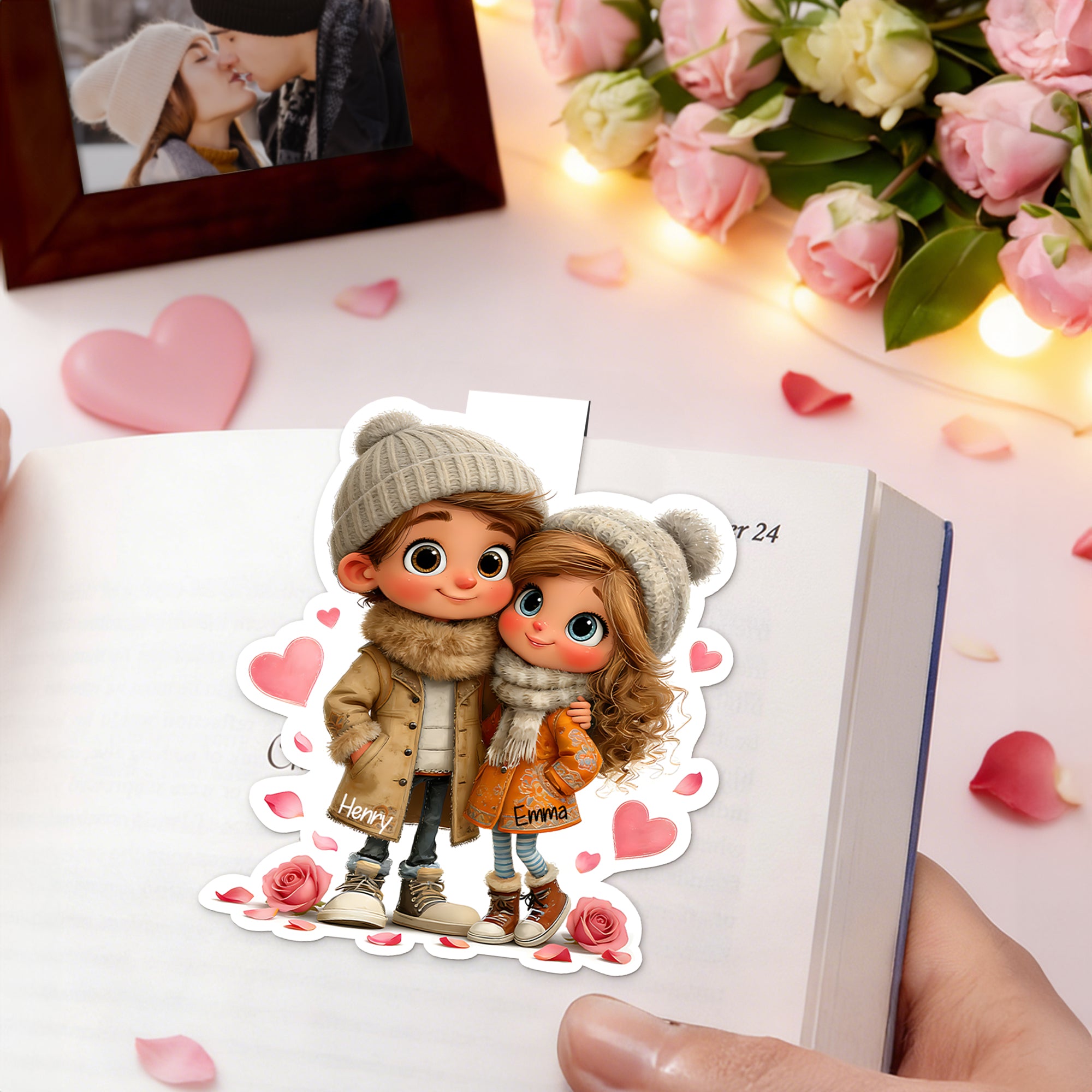 Personalizado Corazón Abrazando Cartoon Character Magnetic Bookmark Clip con Nombre Anniversary Valentine's Day Gift for Couple Sister Book Lover